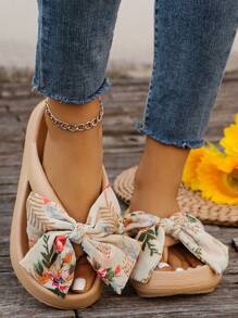 Chinelos de plástico com sola grossa e antiderrapante para férias na praia de verão, sandálias femininas simples e casuais, DIY com laço e estampas aleatórias - Caqui - Visão 3