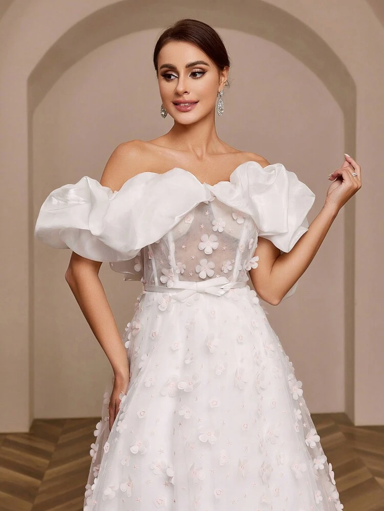 Oversized Ruffle Off Shoulder Big Swing Embroidered Shiny Chiffon Wedding Dress