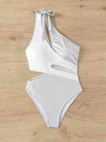 女用金屬色布料拼布一肩連身泳衣 - 銀色 - 查看 5