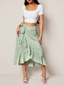 SHEIN PETITE 女士 Schiffy 短款上衣和不对称下摆半身裙两件套 - 綠色 - 查看 3