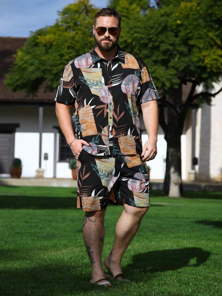Men's Plus Size Printed Short Sleeve Shirt Set