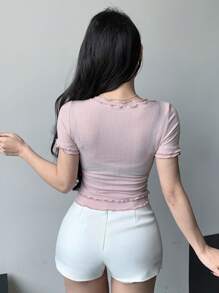 Dazy Designer Pink Double Layered T-Shirt With Frill Hem Sexy Top Preppy Tops - Pink - View 2