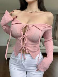 Dazy Designer Off Shoulder Strap Design Fashionable T-Shirt - Pink - View 9