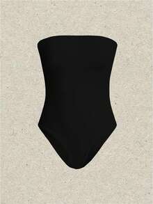 SHEIN EZwear Women's Solid Color Strapless Bodysuit - Black - View 4