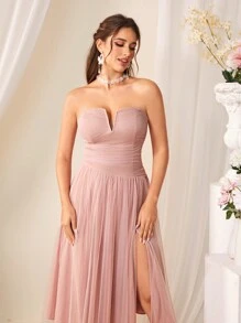 SHEIN Belle Strapless Mesh Split Hem Dress, Semi Formal Dress, Wedding Guest Dress