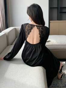 DAZY 蕾絲拼接女性睡衣連衣裙,敞開背部、褶邊和泡泡袖 - 黑色 - 查看 1