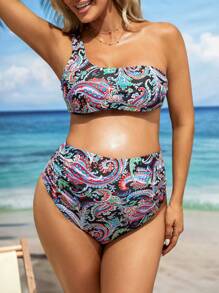 SHEIN Maternity Paisley Printed One Shoulder Top And Ruched Triangle Bikini Bottom Beachwear Summer - Multicolor - View 4