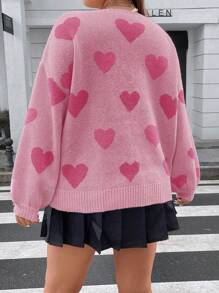 Flirla Kích thước lớn Lỏng lẻo Áo len Với Hình trái tim Và Thả vai Thiết kế - Hồng - Xem 2