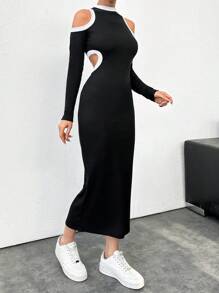 EURMUSE Black-White Cut Out Bodycon Dress - Black and White - View 3