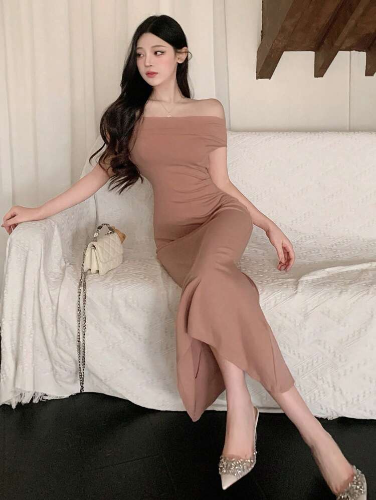 Women's Off Shoulder Strap Fishtail Bodycon Dress Sundress Maxi Dress