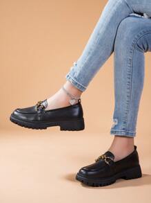 BALTEOP 2024 New British Style Women's Black Slip-On Flat Shoes With Metal Buckle & Leather Splicing