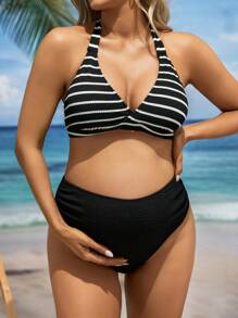 SHEIN Summer Beach Maternity Striped Halter Top And Plain Triangle Bottom Bikini Set, Maternity Bathing Suit - Black and White - View 1