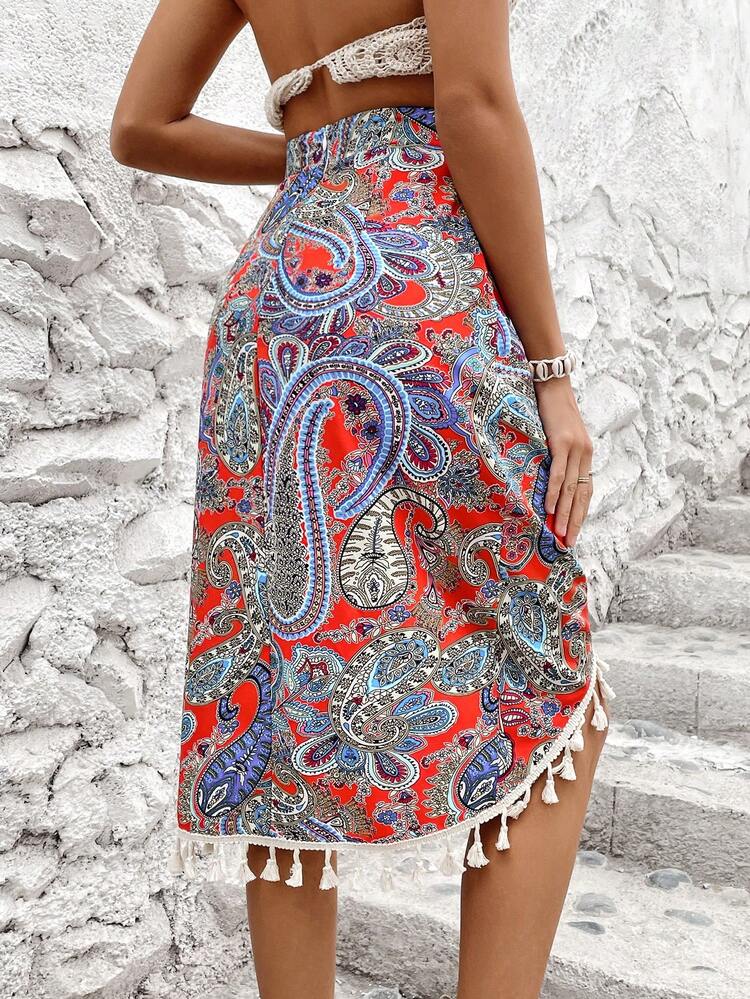 Women's Paisley Printed Fringed Skirt