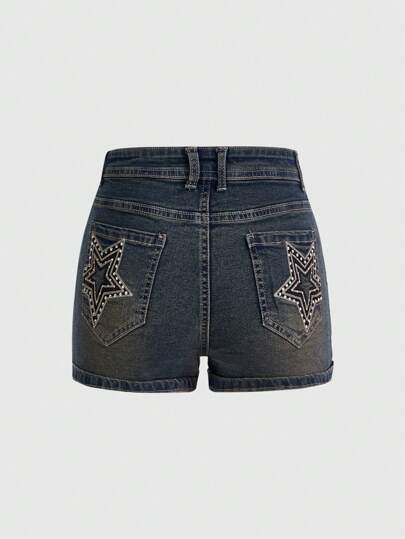 Hippie Ladies' Denim Shorts With Rhinestone Star Embroidery, School