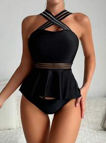 SHEIN Swim 女士性感成熟编织肩带拼接交叉前上衣和下装分体泳衣套装，适合夏季、海滩、蜜月、旅行、度假、泳池