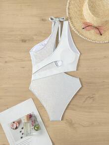 女用金屬色布料拼布一肩連身泳衣 - 銀色 - 查看 4