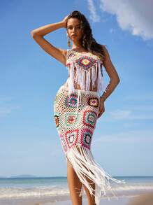 Swim Vcay Couvre-maillot de bain côtelé à motif géométrique coloré avec franges, pour les vacances d'été à la plage