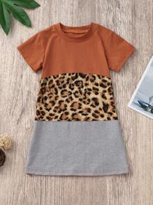 SHEIN Young Girl Cut And Sew Leopard Tee Dress