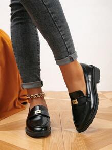 Của phụ nữ Chóp giầy tròn Giày đế bệt Với Dày Đế , Nút kim loại , Gót phẳng , Thoải mái Đen Giày dép Cho mùa xuân Và Mùa thu - màu đen - Xem 4