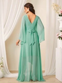 SHEIN Belle Của phụ nữ Tay áo có rãnh Eo-thắt chặt Váy phù dâu - màu xanh lá - Xem 2