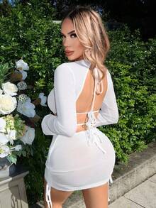 SHEIN SXY Trắng Gợi cảm Không lưng Quần bó Ngày lễ Đầm - trắng - Xem 5