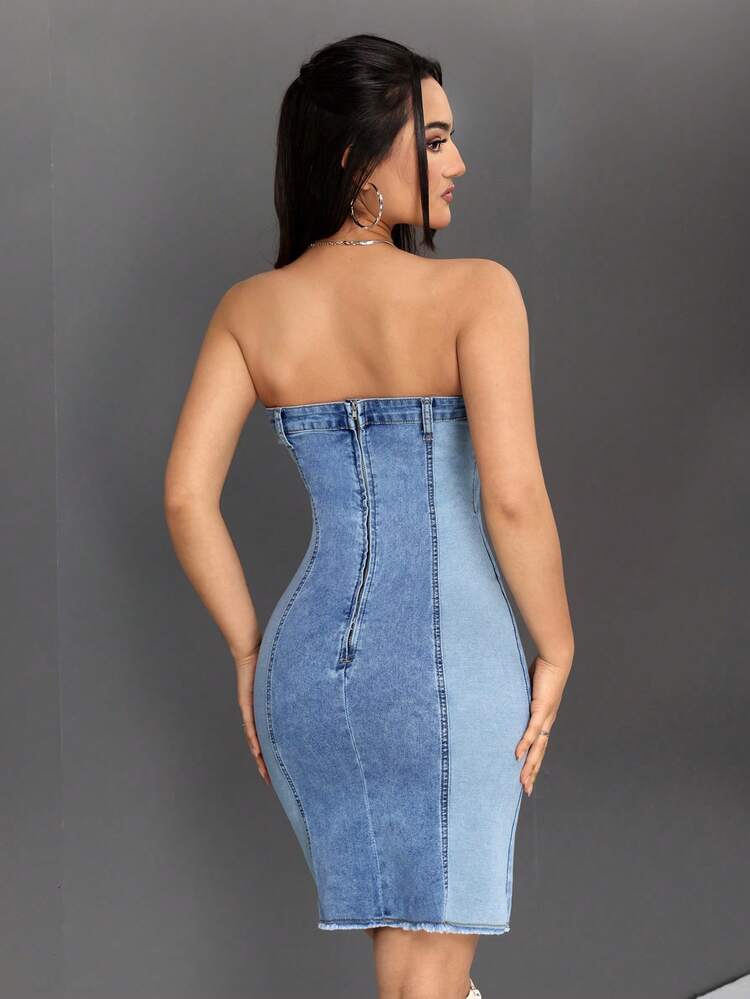 Women's Color Contrast Zip Back Bodycon Strapless Denim Dress