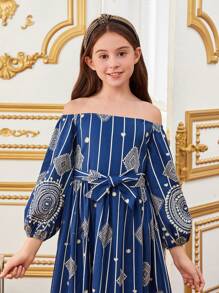 SHEIN Wunderschönes Geometrisches Muster-kleid Mit Off-shoulder-design Für Tween Mädchen - Blau - Übersicht 4