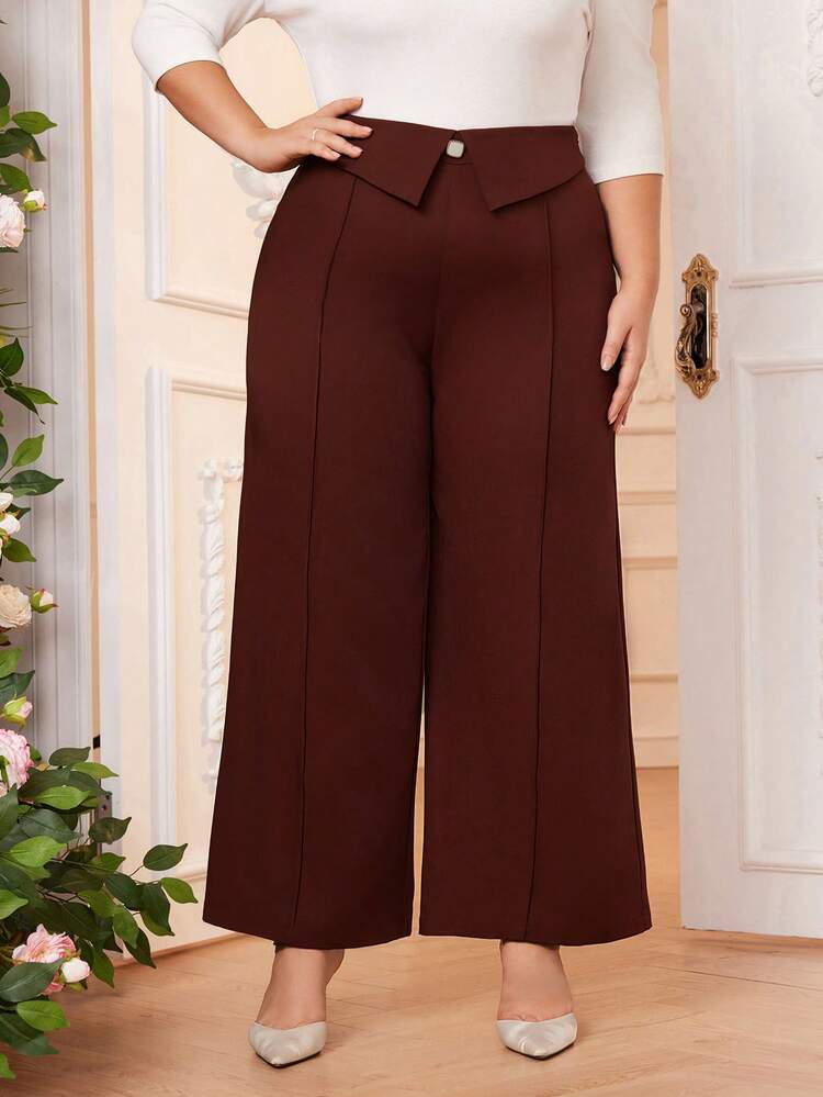 Plus Size Women's Solid Color Fold-Over Waistband Pants