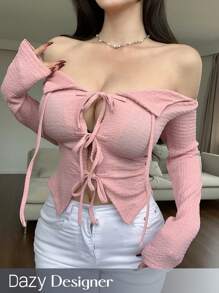 Dazy Designer Off Shoulder Strap Design Fashionable T-Shirt - Pink - View 1