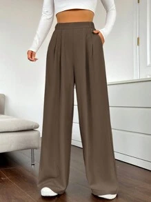 SHEIN EZwear Quý cô Màu thuần Xếp li Quần ống rộng - Màu Tím - Xem 3