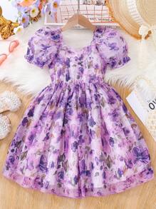 SHEIN Young Girls' Summer Flower Print Dress, Purple Floral Princess Dress With Puff Sleeves - Purple - View 1