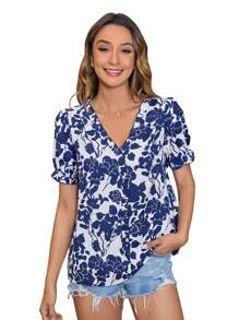 SHEIN Holidaya Floral Print Puff Sleeve Blouse - Blue and White - View 4
