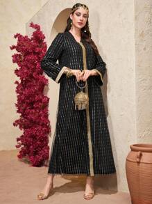 Layrah 女士土耳其传统 Jalabiya 带有金银线编织条纹，优雅奢华的晚会风格