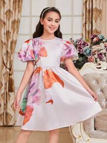 SHEIN Tween Girls' Cute Light Palace Style Round Neck Puff Sleeve Floral Print Dress - Pink - View 5