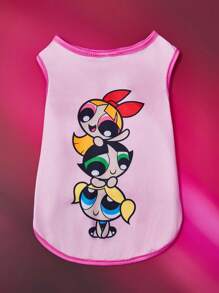 THE POWERPUFF GIRLS X SHEIN Camisa de tirantes para mascotas con patrón lindo de flor de cerezo rosa, burbujas y botón de oro