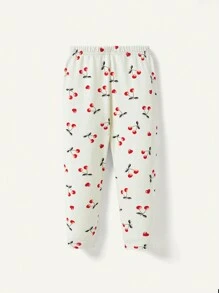 Cozy Pixies Atuendo De 2 Piezas Para Bebé Niña, Con Blusa De Cuello Redondo Con Mangas Cortas Con Patrón De Letras Y Pantalón Con Estampado De Cereza Y Huellas