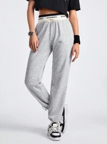 Street Sport Women's Letter Print Drawstring Joggers With Cuffed Hem - Grey - View 4