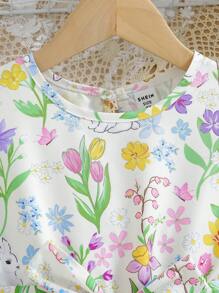 SHEIN Nuevo vestido de manga corta con volantes, cuello redondo y cinturón para niñas jóvenes, con estampado de conejo y flores, longitud media-larga