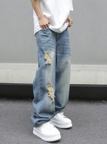 Manfinity Roghcode 男士直筒破洞休閒牛仔褲超大尺寸長款磨邊牛仔工裝褲純色深藍色派對街頭風格說唱歌手 - 淺色水洗藍 - 查看 5