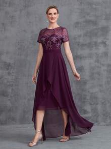 Women' Embroidered Sequins Contrast Chiffon Dress - Purple - View 4