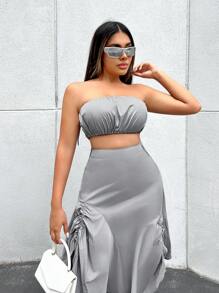 SHEIN SXY 夏季款式,筒型上衣和不對稱下擺收緊降落傘裙兩件套裝 - 灰色 - 查看 4