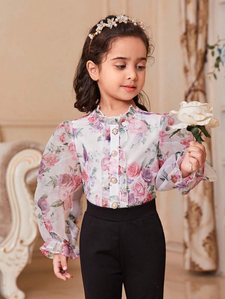 Young Girl Loose & Cute Vacation Style Stand Collar Flower Pattern Printed Shirt With Back Bowknot