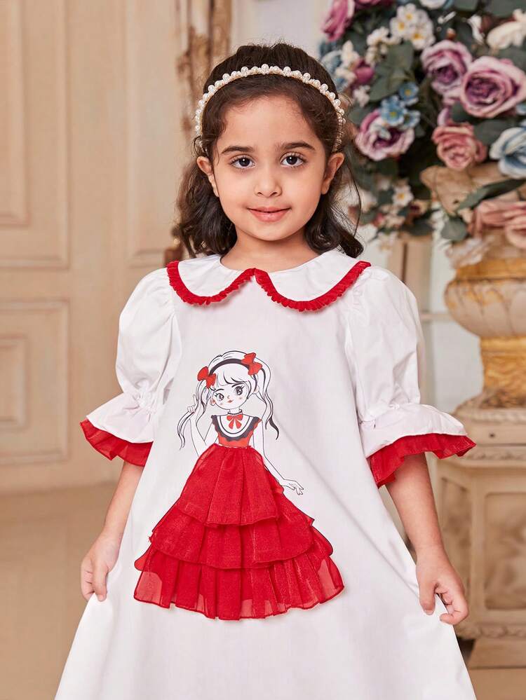 Young Girls Loose Fit Casual Dress With Girl Pattern And Peter Pan Collar