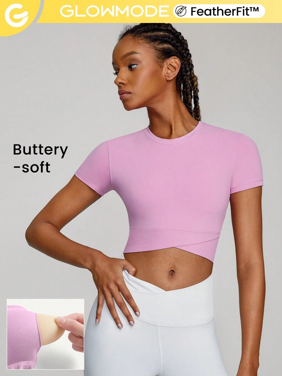 GLOWMODE FeatherFit™ Crossover Hem Studio Cropped Tee Light Support Low Impact Yoga Pilates Studio - Pink - View 1