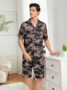 Men's Plant Printed Homewear Set - Black - View 1