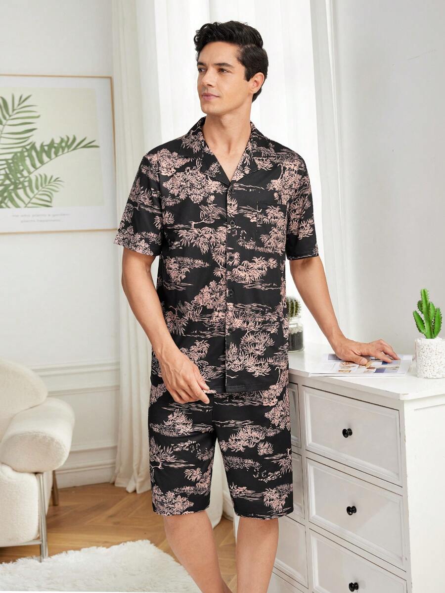 Men's Plant Printed Homewear Set - Black - View 1