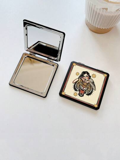 Wild Love Espejo cuadrado plegable con impresión de retrato humano y cabeza de tigre estilo artístico Y2K, para días festivos