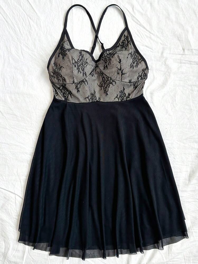 Ladies' Lace & Mesh Splicing A-Line Dress With Spaghetti Straps