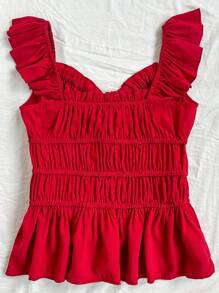 Soleia 女士捲褶紋綁帶設計短袖純色襯衫 - 酒紅色 - 查看 5