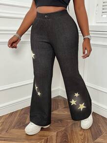 SHEIN EZwear Plus Size Star Printed Skinny Flared Jean-Like Pants - Black - View 3